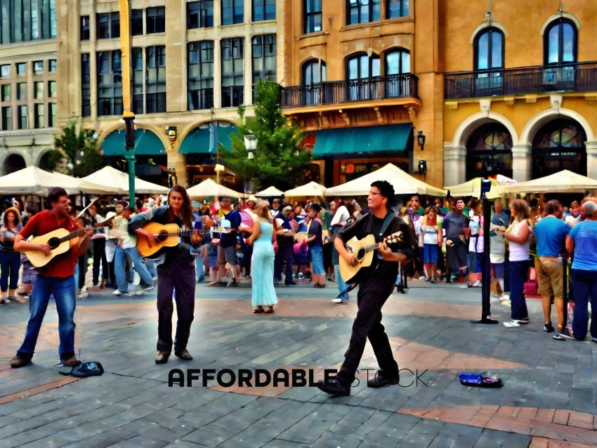 Two men playing guitar in a crowded area