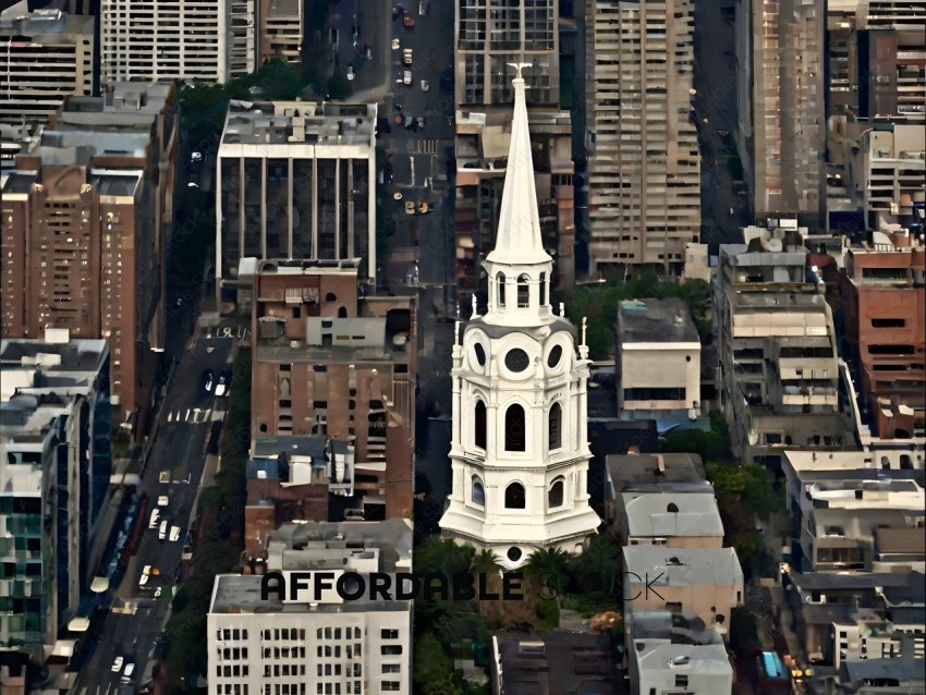 A view of a white church with a steeple in a city