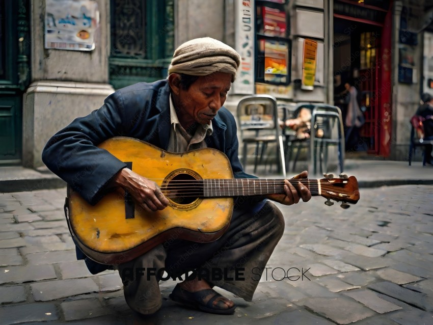 A man playing a guitar on a sidewalk