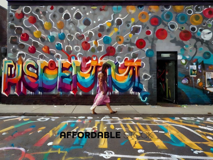 A woman walking past a colorful graffiti wall