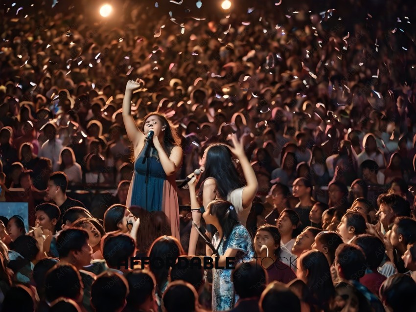 A group of people singing in front of a crowd