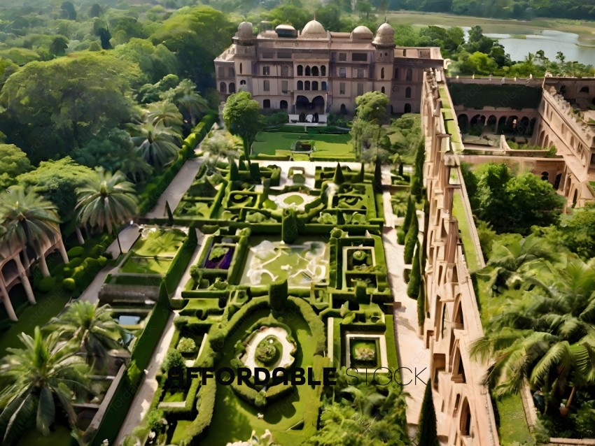 A large garden with a building in the background
