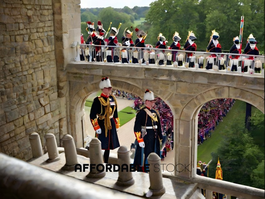 Two British soldiers standing on a balcony overlooking a crowd