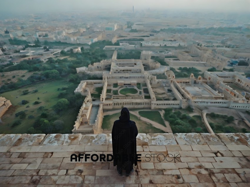 A person in a black cloak stands on a high vantage point overlooking a city