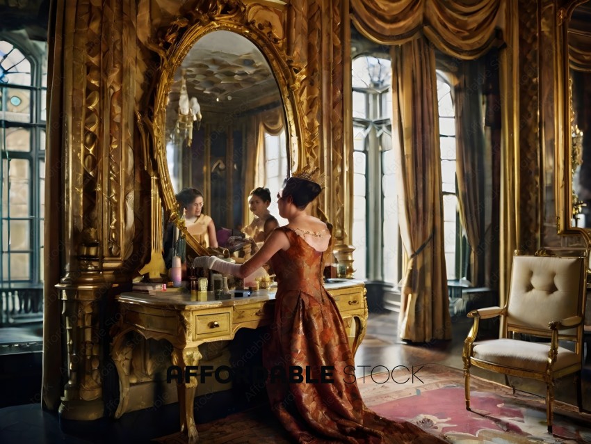A woman in a dress is looking at her reflection in a mirror