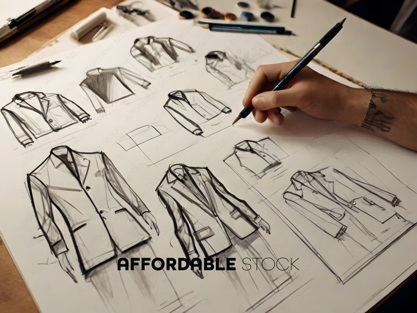 A person is drawing a suit on paper