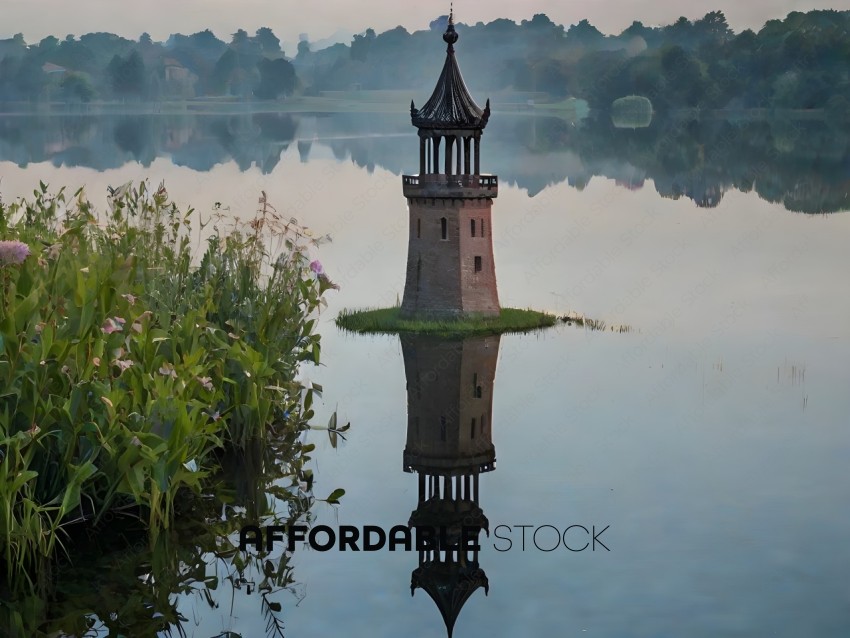 A reflection of a brick tower in a lake