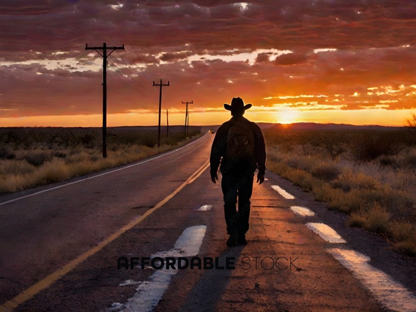 A man walking down a road at sunset