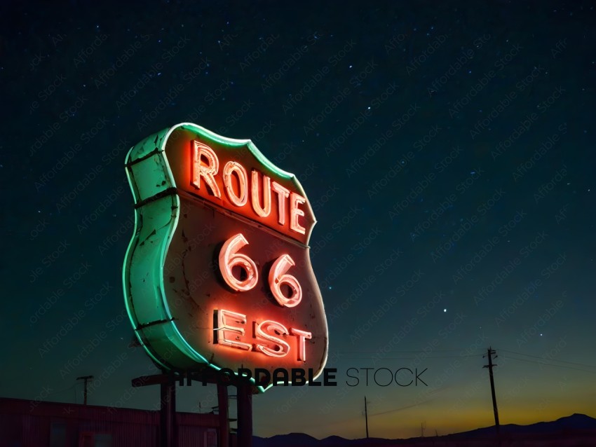 A neon sign for Route 66 in the evening