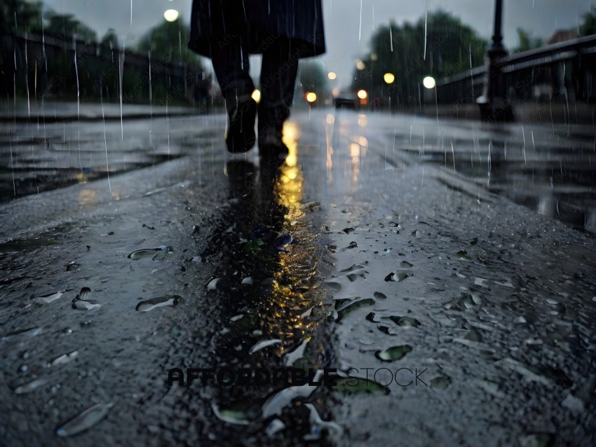 A person walking down a wet street