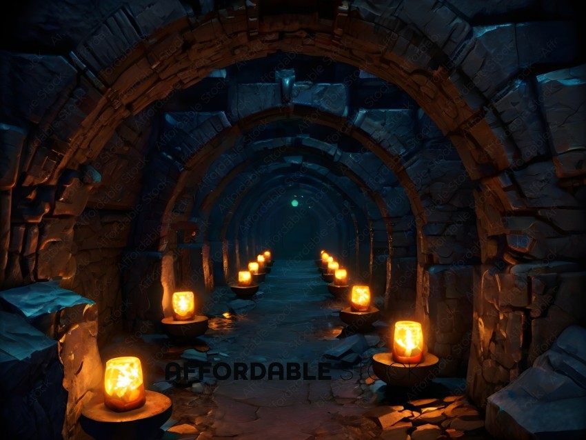 A dark tunnel with lit torches