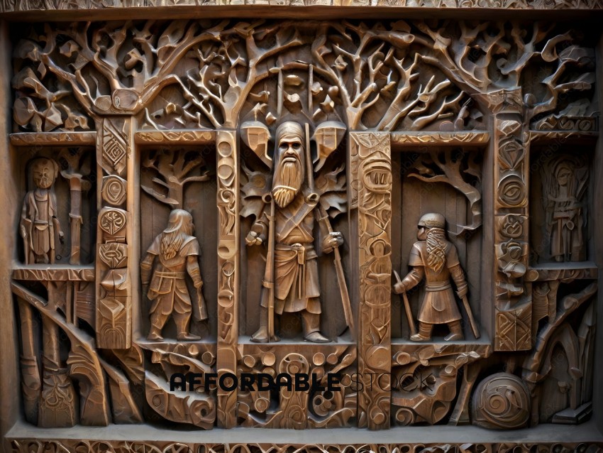 A carving of a man with a beard and a sword