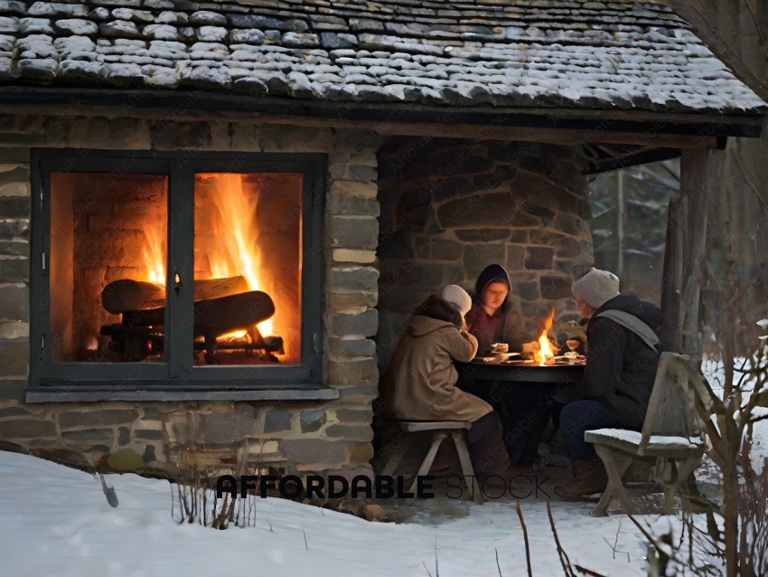 A family of four enjoys a warm fire and a meal together