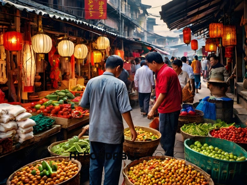 Two men looking at produce in an outdoor market