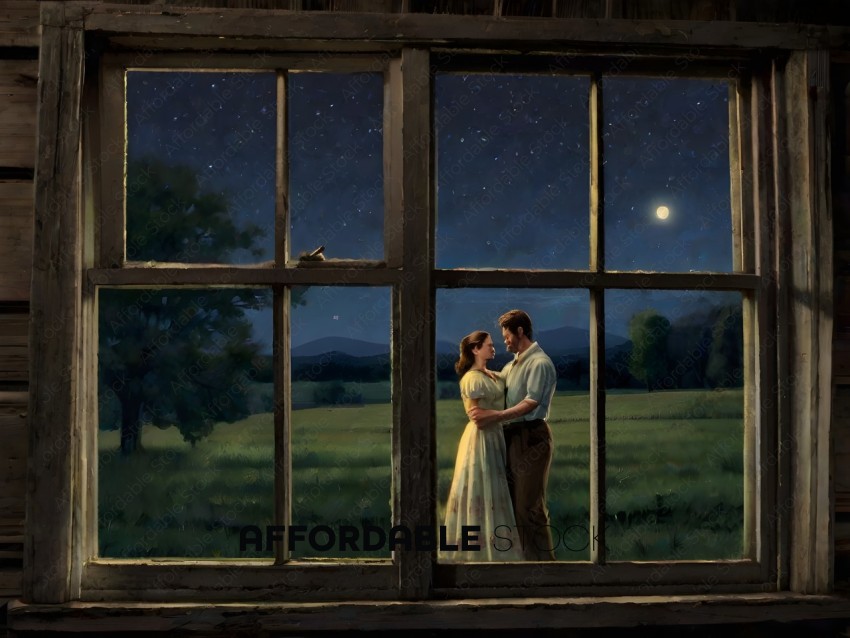 A couple standing in front of a window at night