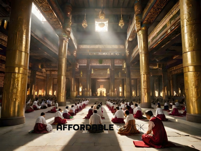People meditating in a large room with gold pillars