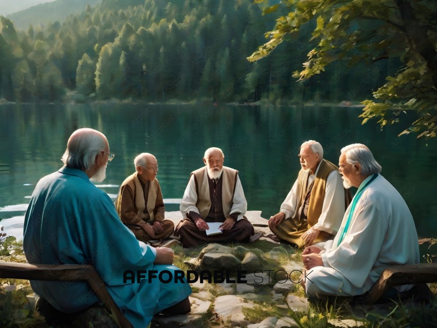 A group of men sitting around a lake discussing something