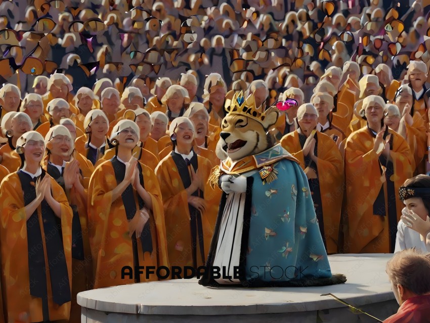 A large crowd of people in yellow robes are watching a person in a blue robe and a bear head
