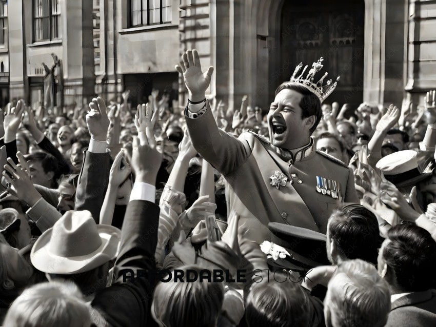Man in a crown waving to a crowd