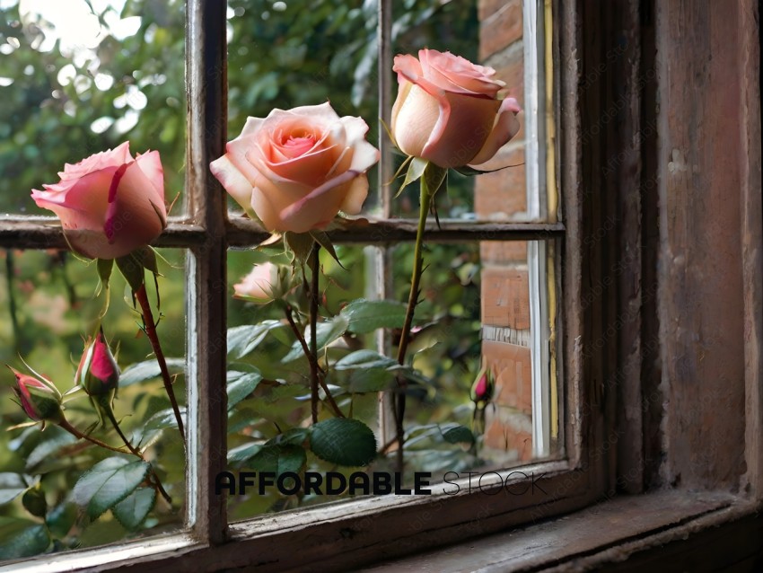 A bouquet of roses in a window