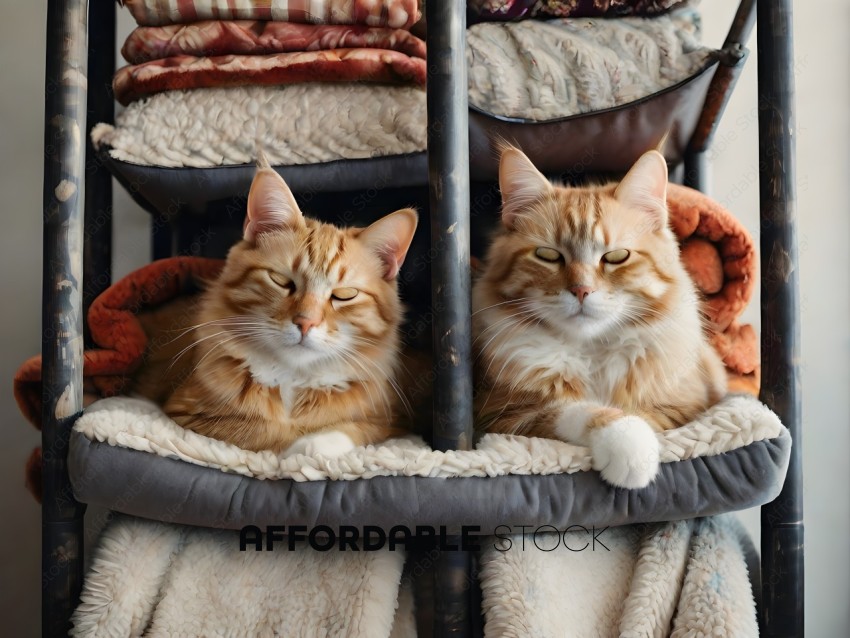 Two cats sitting on a cat bed