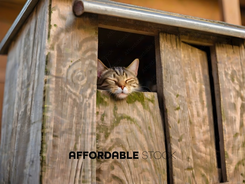 A cat peers out from a wooden structure