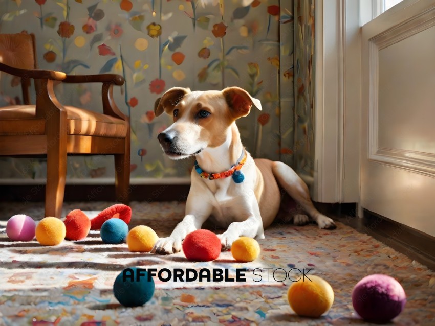 A brown and white dog sitting on a rug with balls