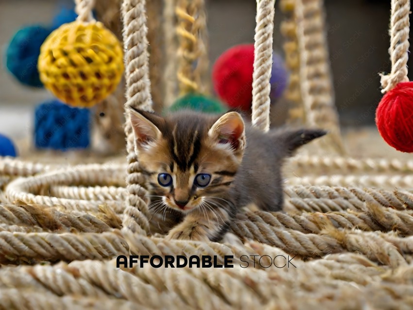 A small kitten is hiding in a rope ball