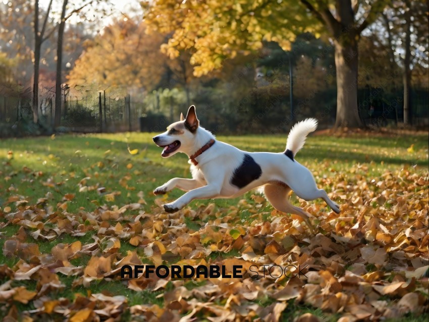 A white and black dog jumping in the leaves
