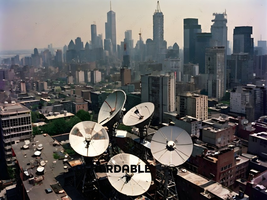 A cityscape with many buildings and satellite dishes