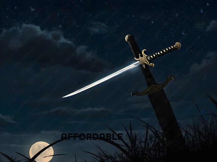 A sword with a moon in the background