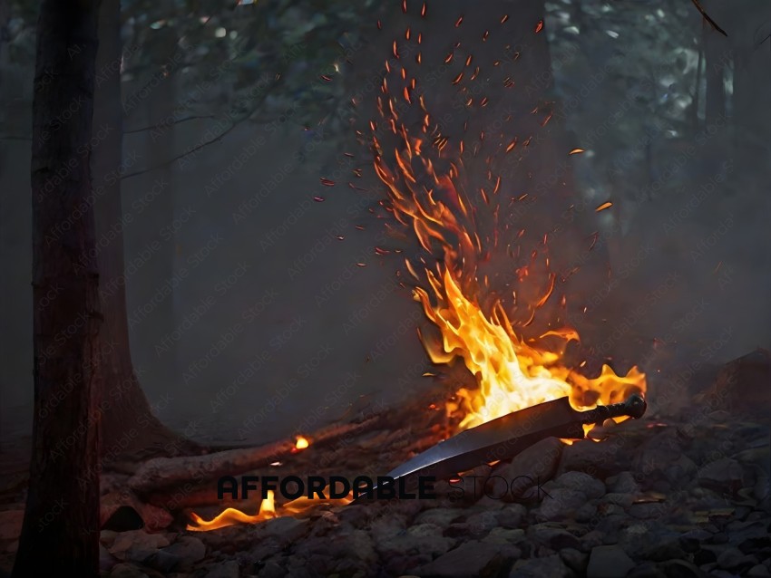 A sword on fire in the woods