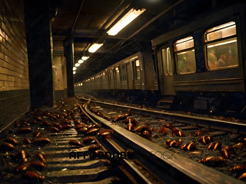 A train with a lot of cockroaches on the tracks