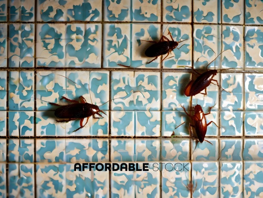 A group of cockroaches on a blue and white tiled floor