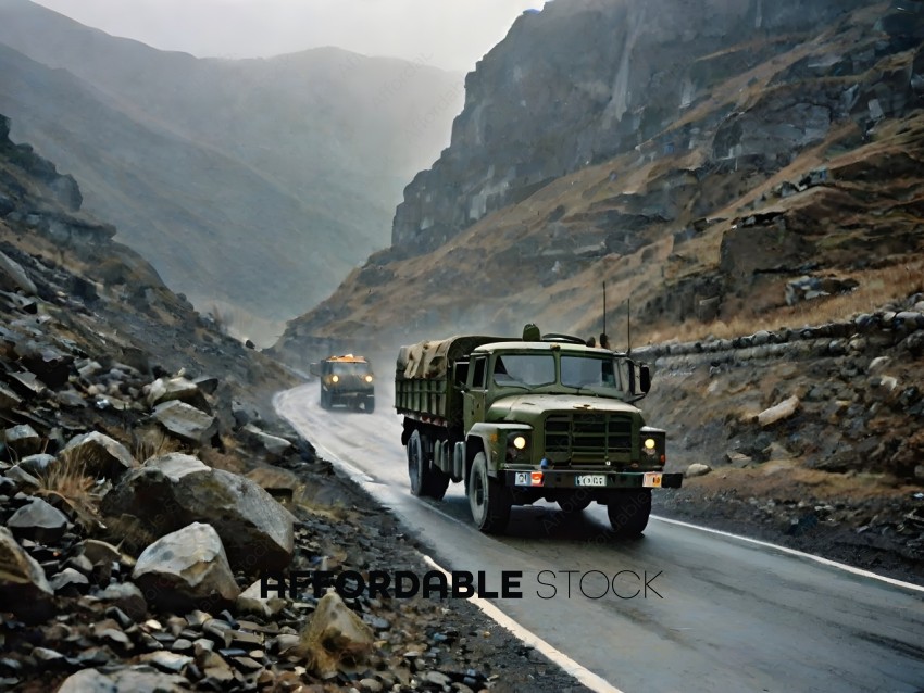 A military truck driving down a mountain road