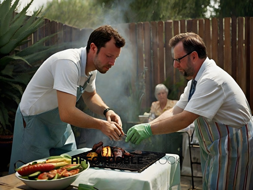 Two men cooking food outside on a grill