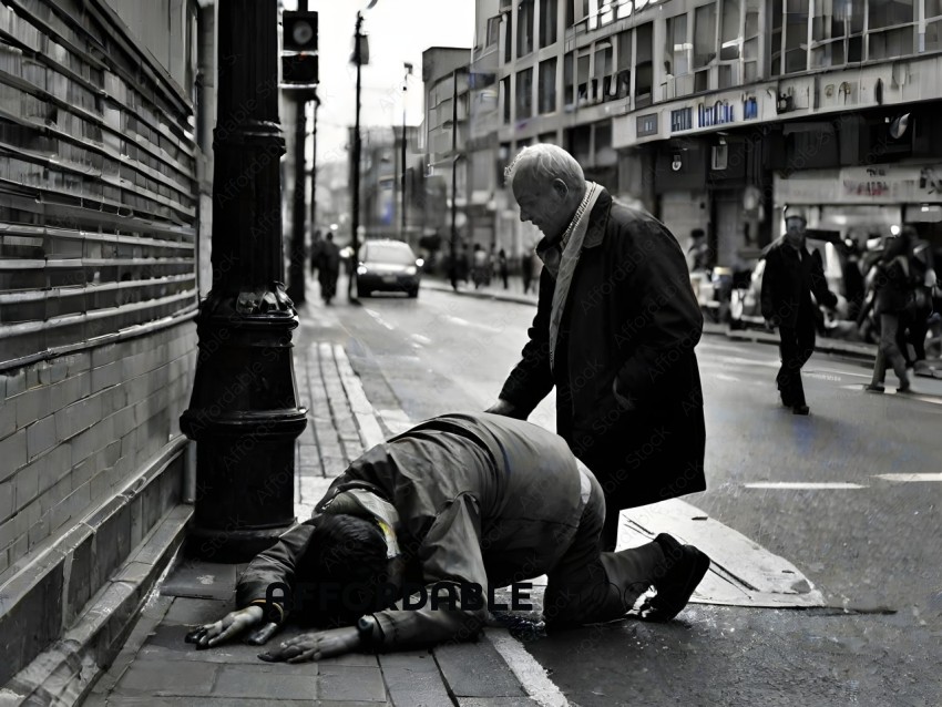 A man kneels on the ground in a city street