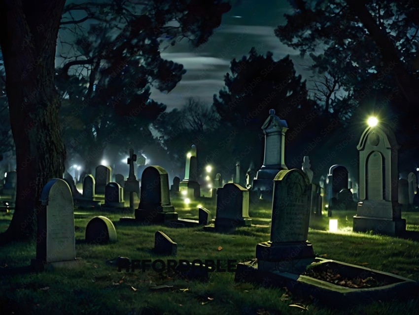 A cemetery at night with tombstones lit up