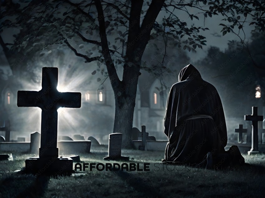 A person kneeling in a graveyard at night