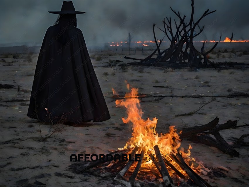 A person in a black cape standing in front of a fire