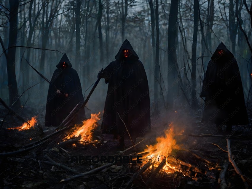 Three witches with glowing eyes and long black cloaks