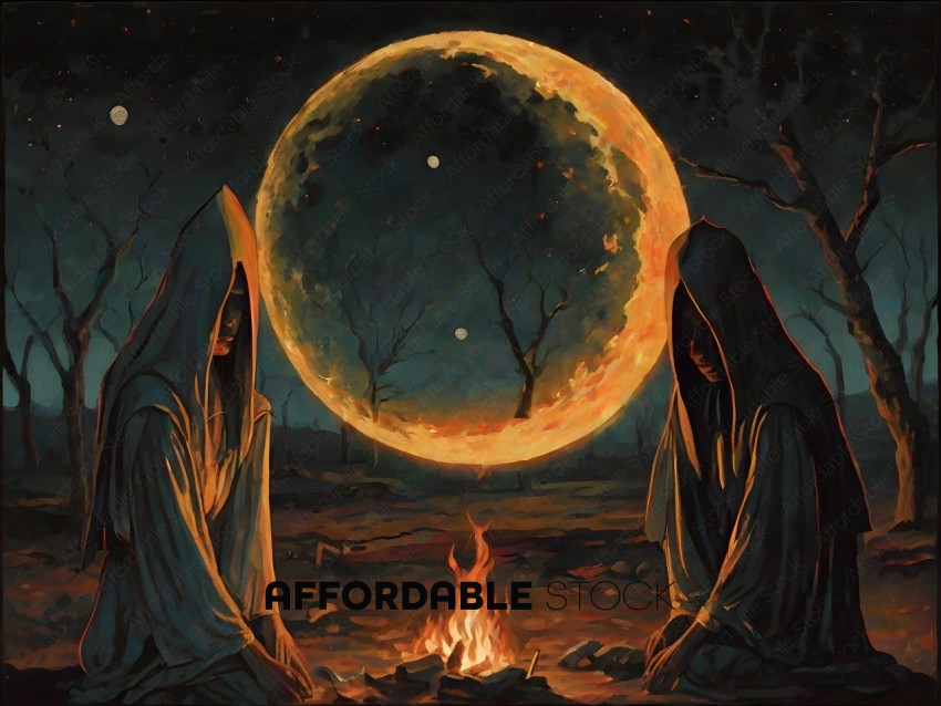Two cloaked figures sit before a fire, with a full moon in the background