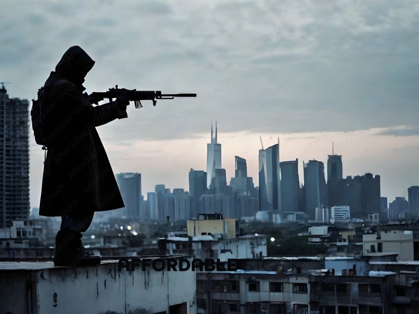 A person in a black coat and hood holding a gun overlooking a city