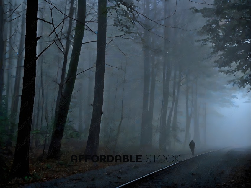 A person walking down a foggy path