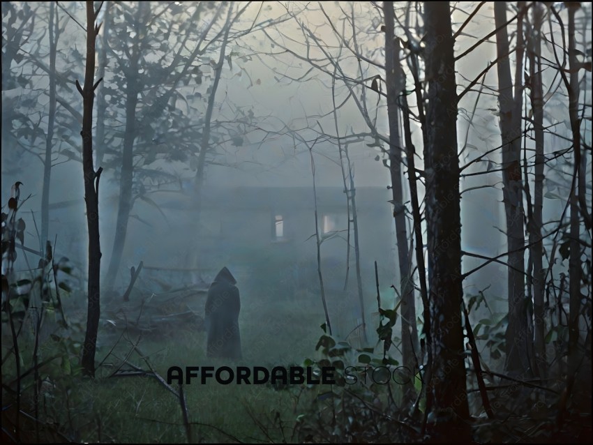 A person in a black cloak walks through a misty forest