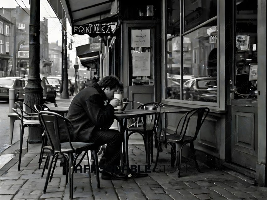 A man drinking coffee at a table outside of a cafe