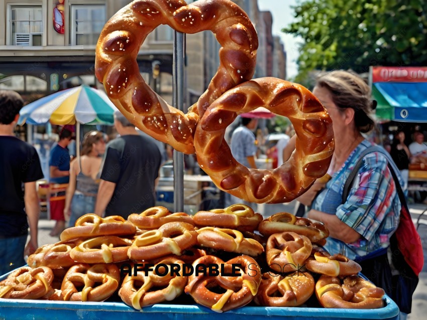 A woman selling pretzels at a street fair