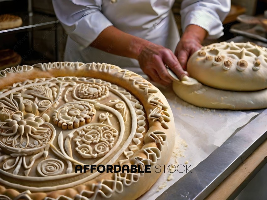 A chef prepares a large, intricate pastry