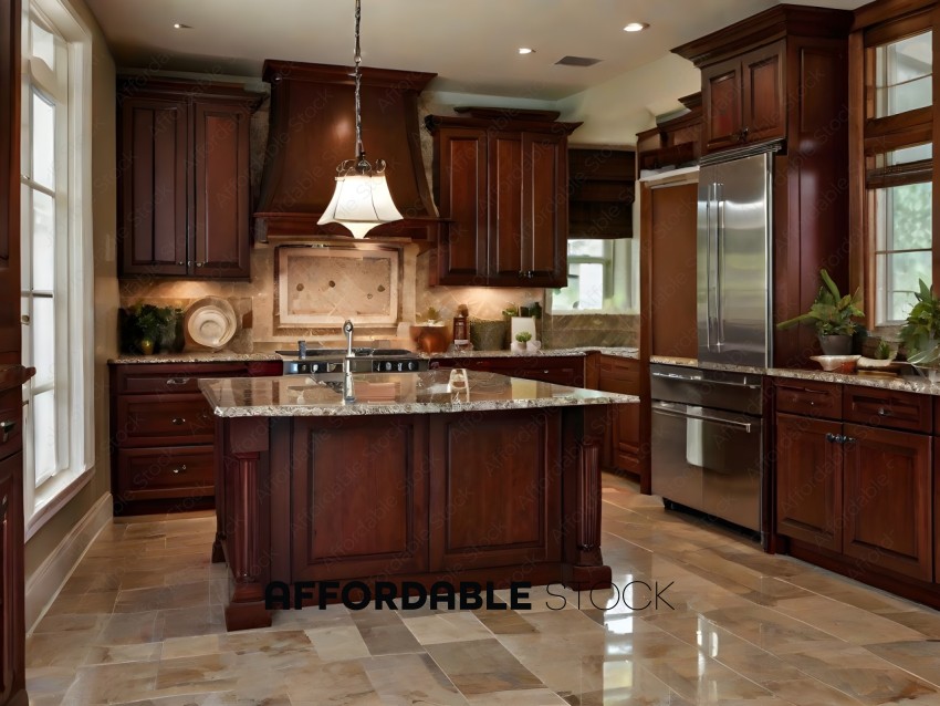 A large, modern kitchen with dark wood cabinets and granite countertops