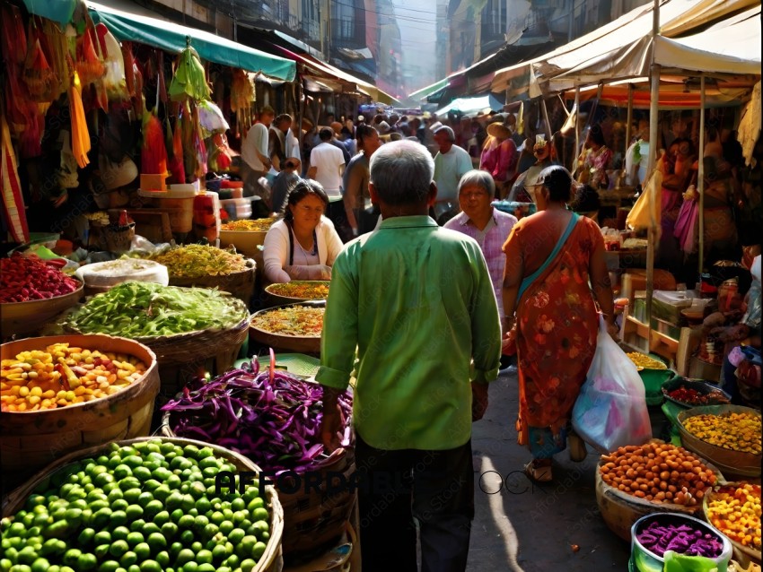 Man in Green Shirt Walking Through Market